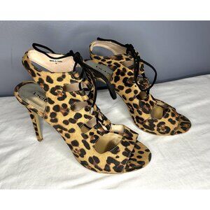 Bebe Shoes Womens Size 10 Leopard Print High Heel Sandals Lace Up Open Toe